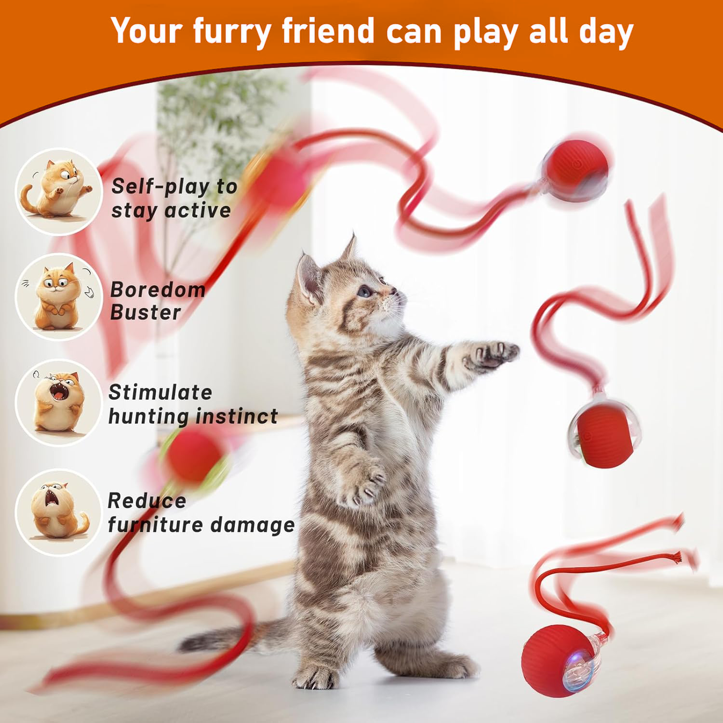 Lovely Caves Agile Moving Cat Ball Toy with Rope, Red