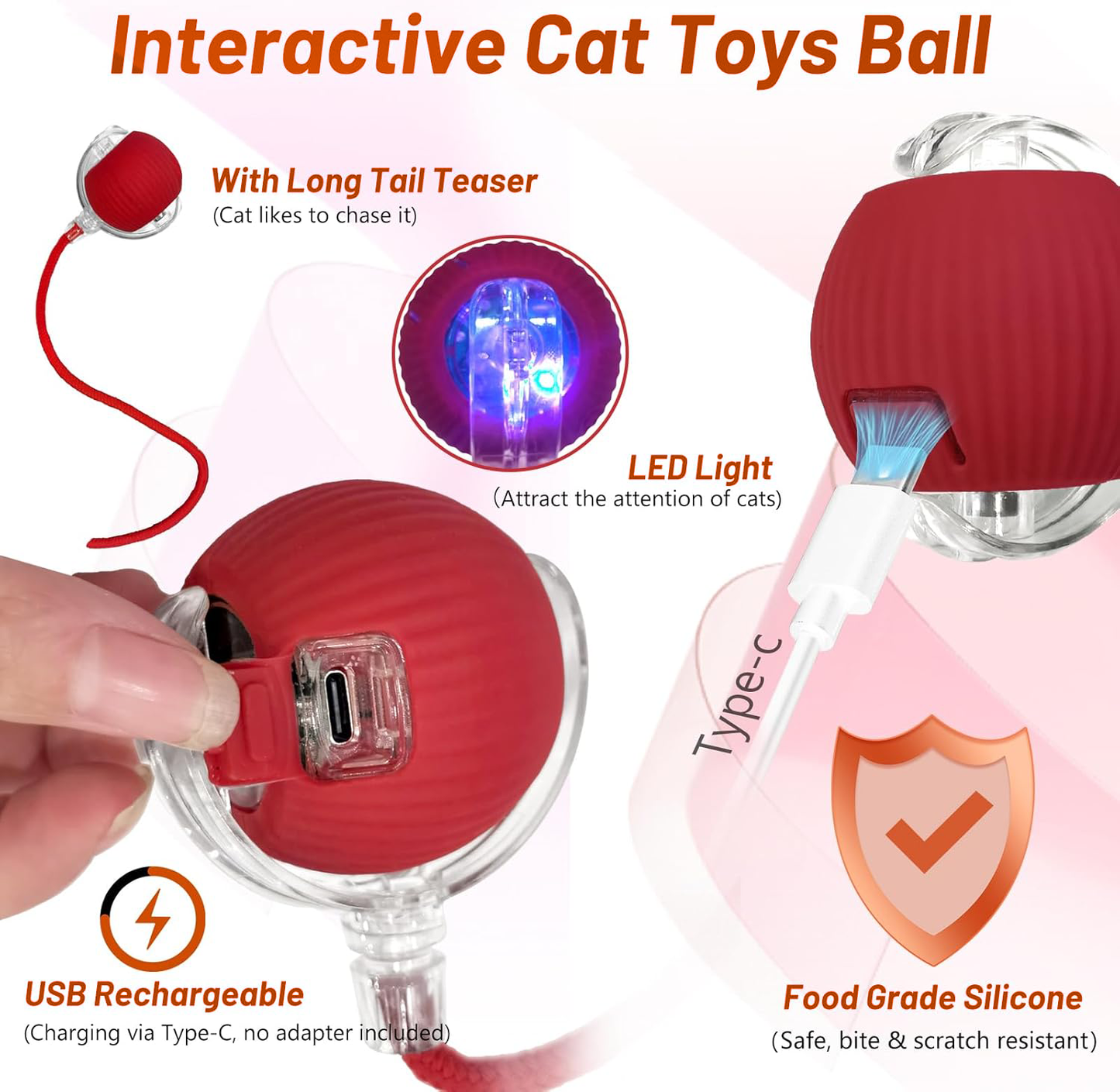 Lovely Caves Agile Moving Cat Ball Toy with Rope, Red