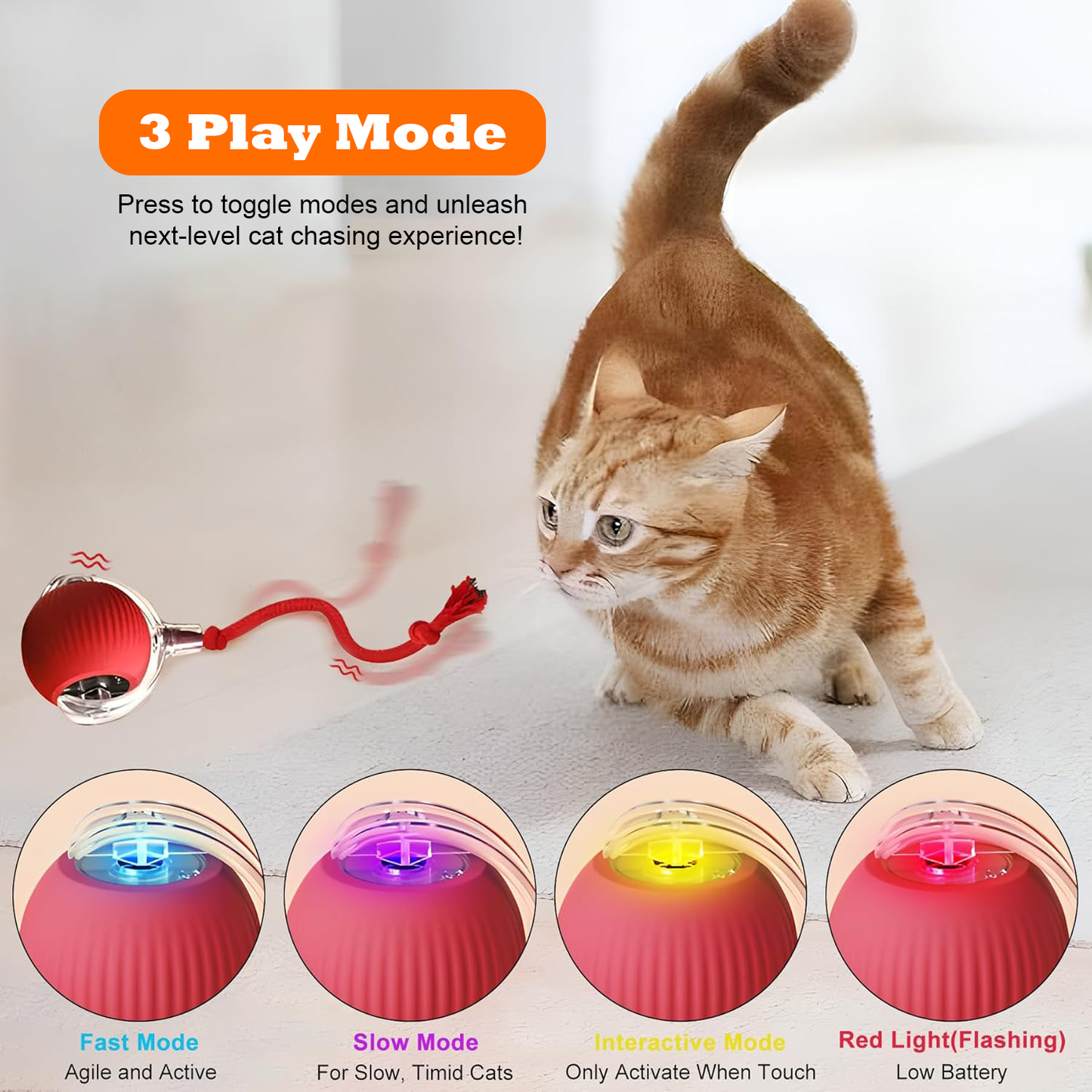 Lovely Caves Agile Moving Cat Ball Toy with Rope, Red