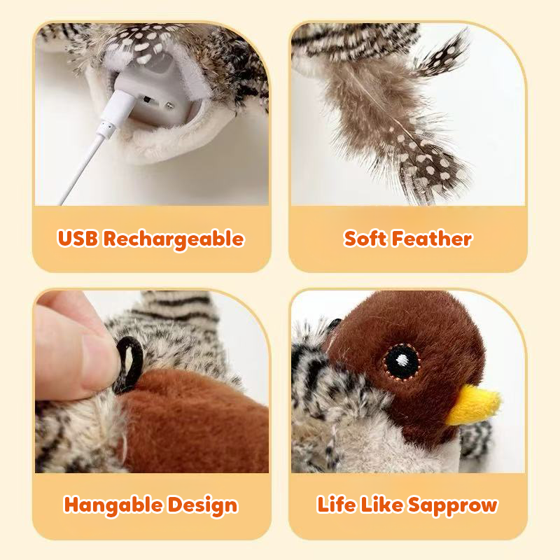 Lovely Caves Rechargeable Flapping Bird Sparrow Chirp Tweet Cat Toy
