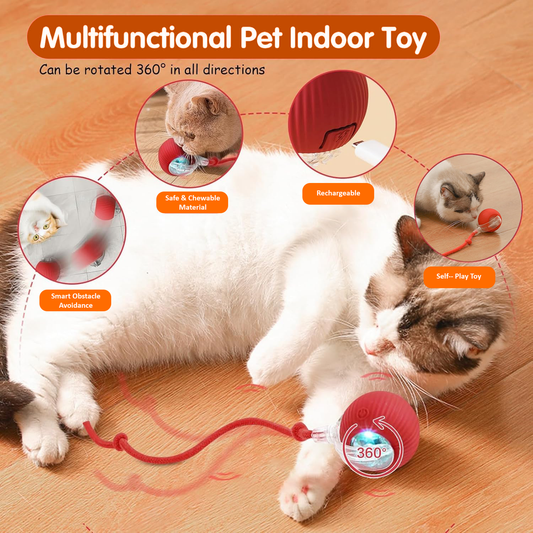 Lovely Caves Agile Moving Cat Ball Toy with Rope, Red