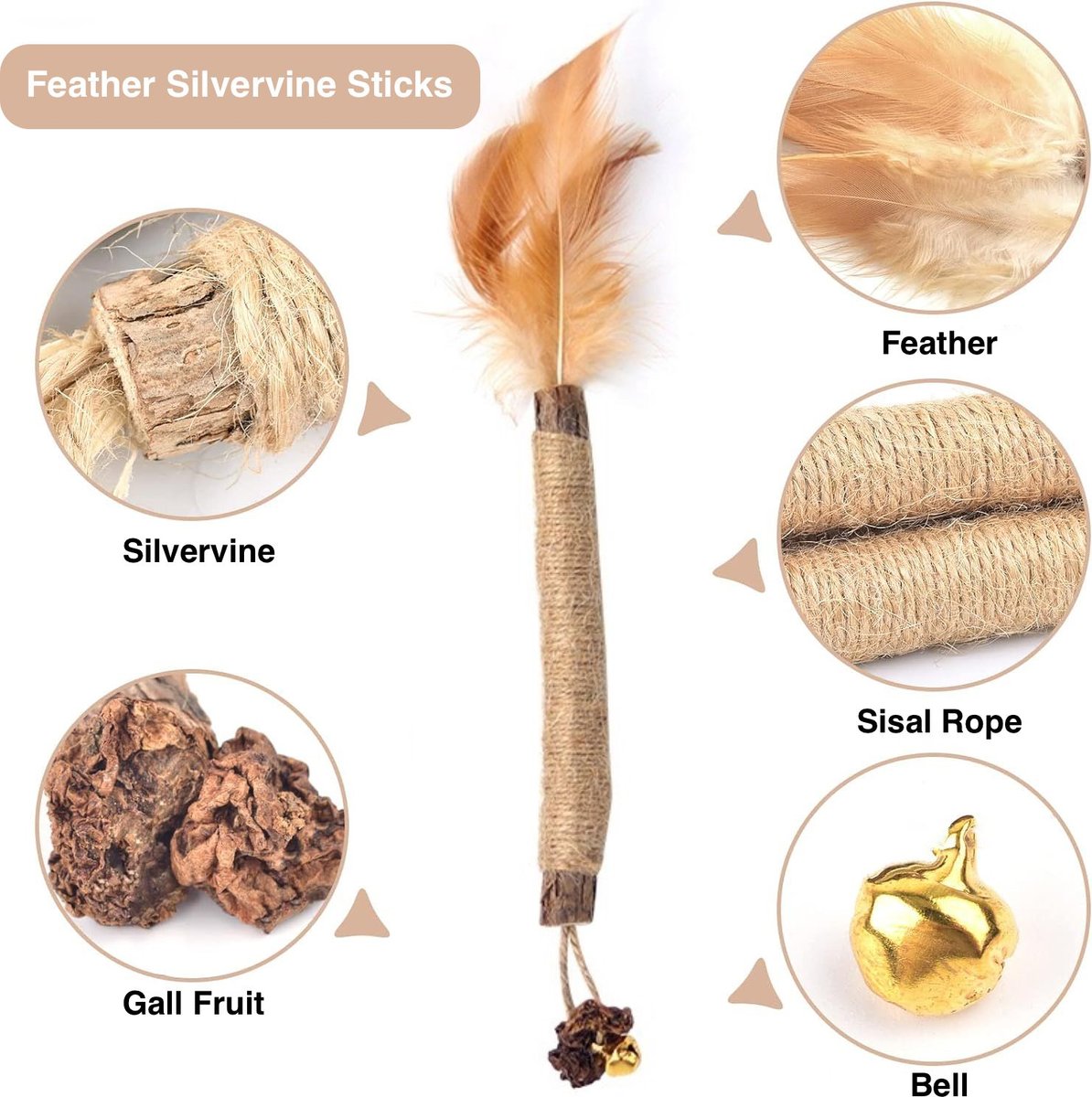 Lovely Caves Feather Silvervine Sticks Cat Chew Toy with Bell, Brown