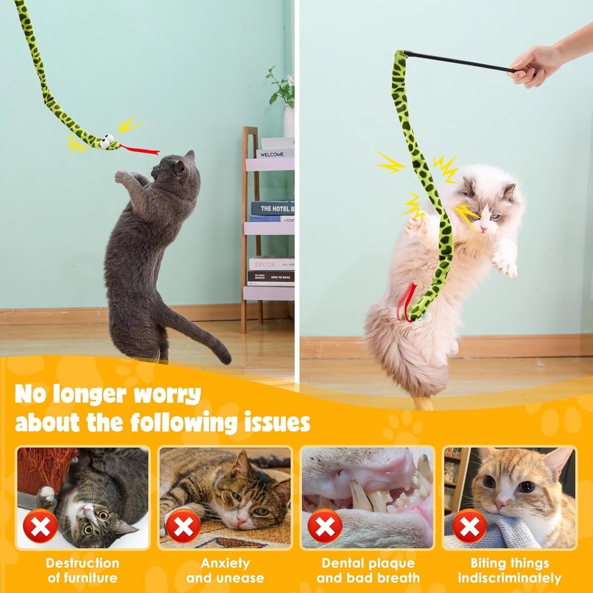 Lovely Caves Crinkle Snake Cat Teaser Wand Toy, Green
