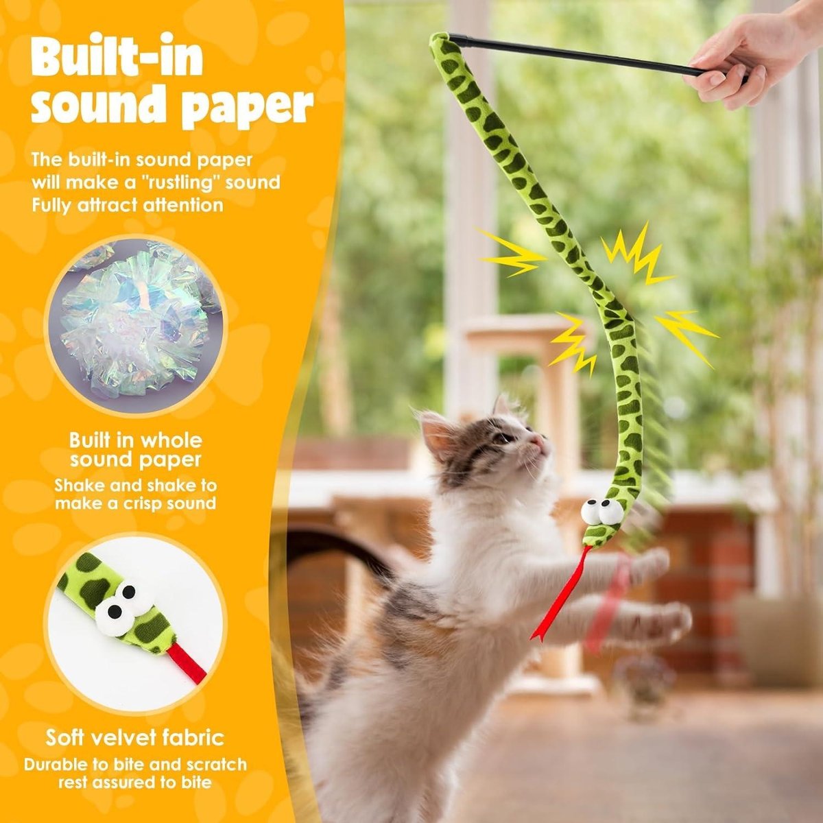 Lovely Caves Crinkle Snake Cat Teaser Wand Toy, Green