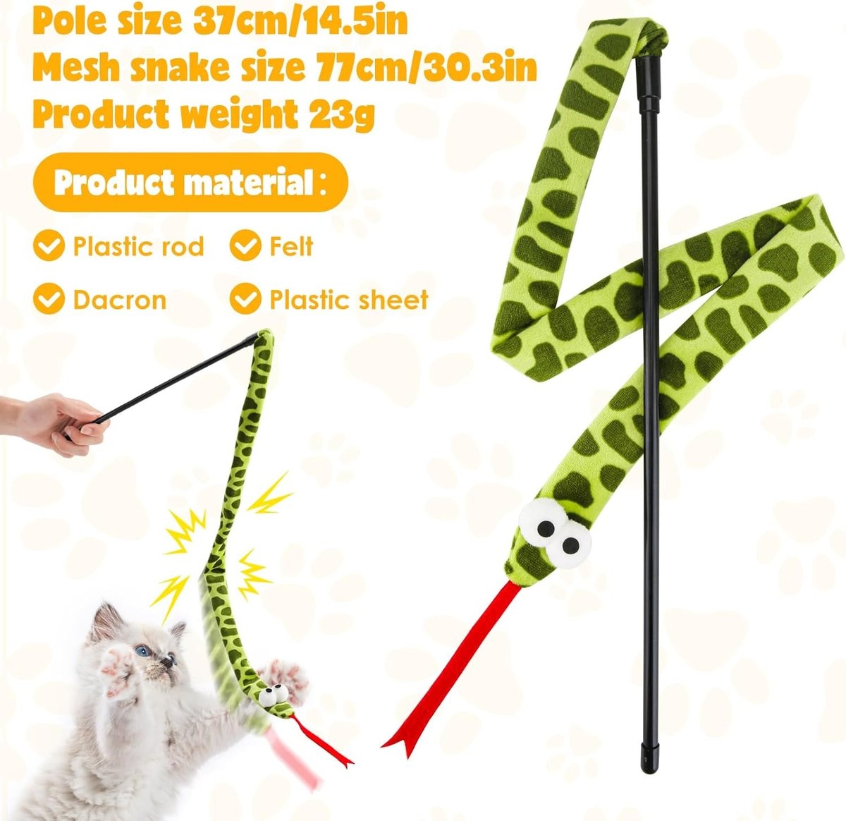 Lovely Caves Crinkle Snake Cat Teaser Wand Toy, Green