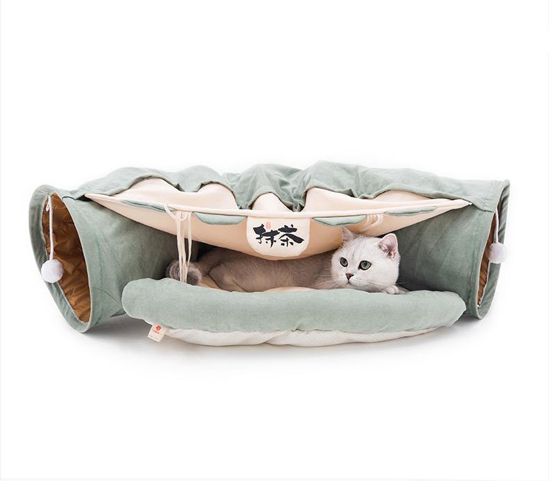 Lovely Caves Cat Tunnel Bed with Toys Hideout House Tube with Removable Washable Mat - Lovely Caves