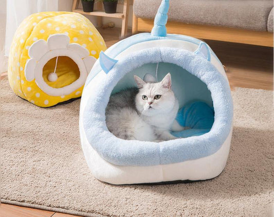 Lovely Caves Cartoon Hooded Cat Bed Cat Yurt Semi-closure All Season Cave for Small-Mid Size Cat - Lovely Caves