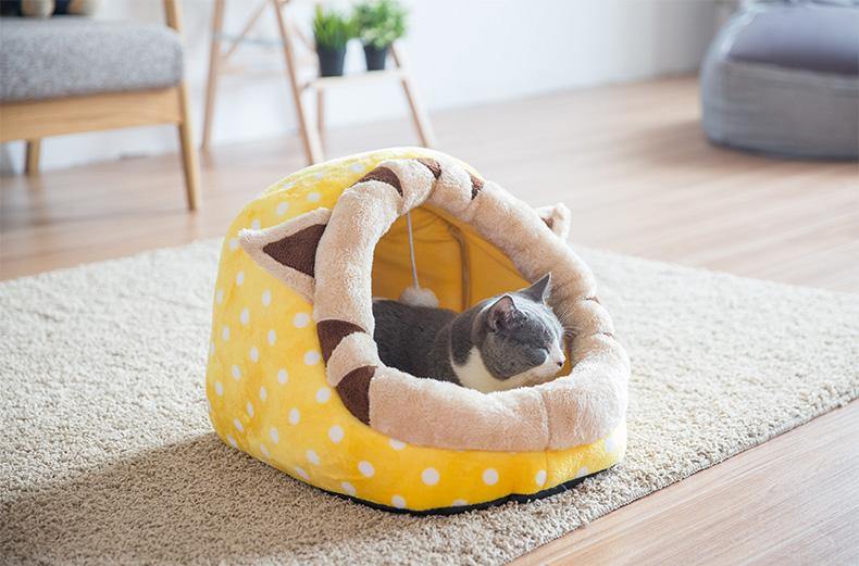 Lovely Caves Cartoon Hooded Cat Bed Cat Yurt Semi-closure All Season Cave for Small-Mid Size Cat - Lovely Caves