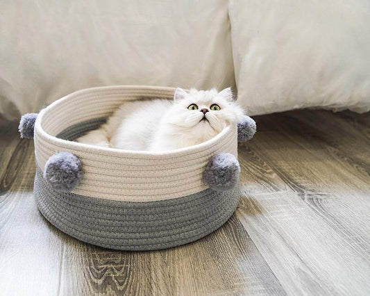 Cat Cuddle Basket Bed Pet Nest Cotton Woven Pet Bed Small Dog Puppy - Lovely Caves