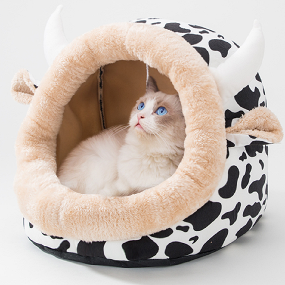 Lovely Caves Cartoon Hooded Cat Bed Cat Yurt Semi-closure All Season Cave for Small-Mid Size Cat